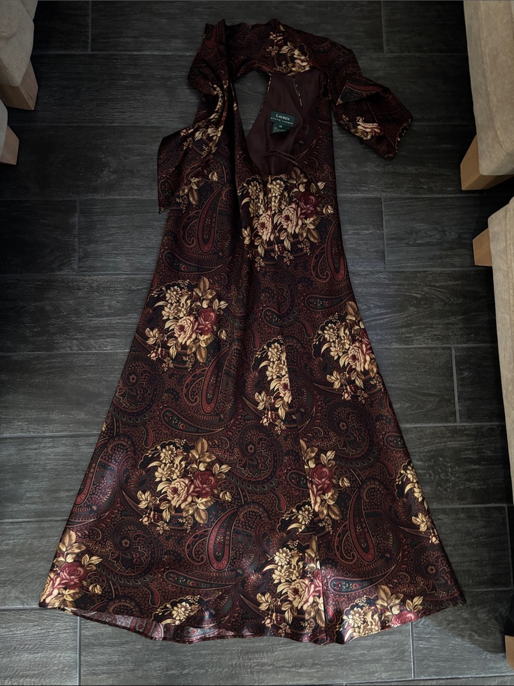 Lauren Ralph Lauren Burgundy Paisley Floral Maxi Dress with Gold Accents